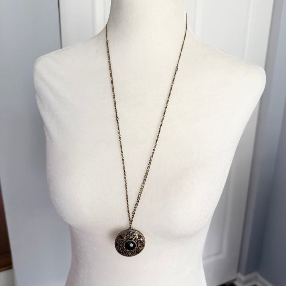Black gold filigree distressed victorian long chain locket pendant necklace